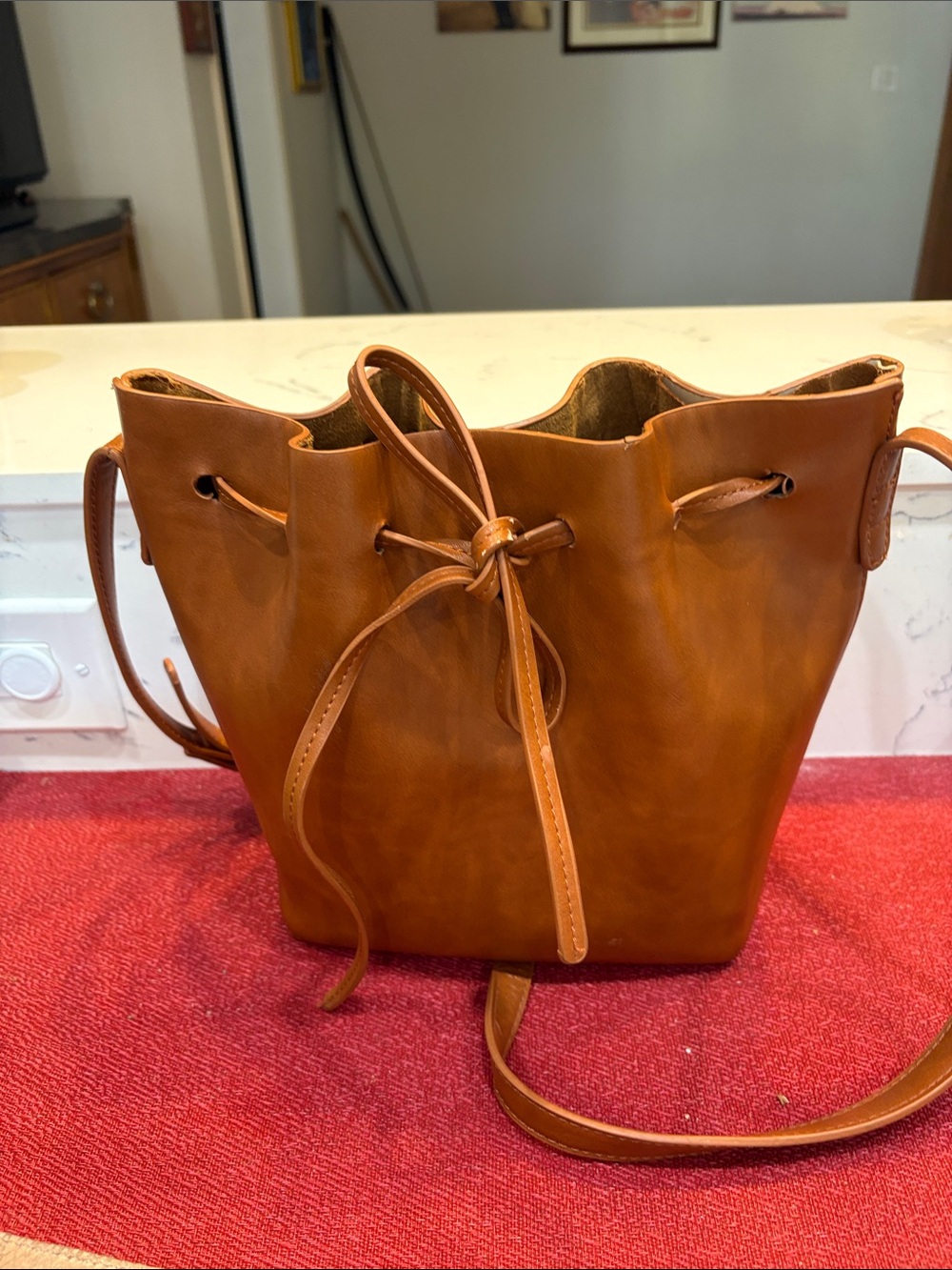 Source Unknown Tan Leather Drawstring Crossbody Bag